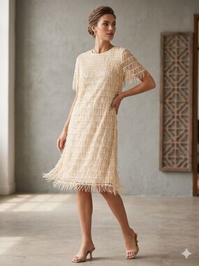 Fringe Beaded Shift Dress in Cream